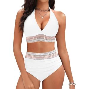 imageWomen Tummy Control Two Piece Swimsuit  High Waisted Bathing Suit Halter Bikini Set Push Up Swimwear 2025White