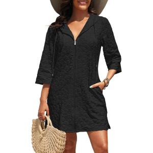imageYonique Terry Cloth Cover Up  Long Sleeve Cover Swimsuit Hooded Zipper Beach Coverup with PocketsBlack