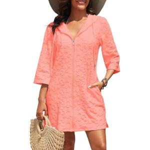 imageYonique Terry Cloth Cover Up  Long Sleeve Cover Swimsuit Hooded Zipper Beach Coverup with PocketsCoral Pink