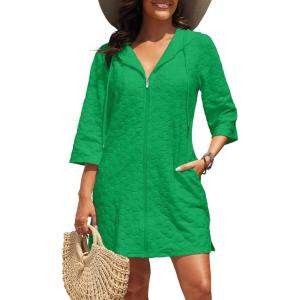 imageYonique Terry Cloth Cover Up  Long Sleeve Cover Swimsuit Hooded Zipper Beach Coverup with PocketsGreen