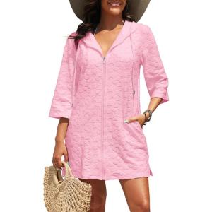 imageYonique Terry Cloth Cover Up  Long Sleeve Cover Swimsuit Hooded Zipper Beach Coverup with PocketsPink