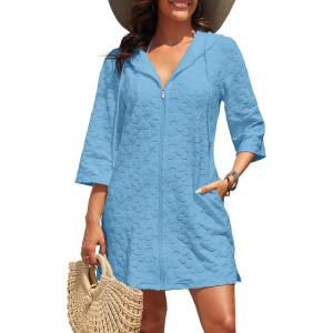 imageYonique Terry Cloth Cover Up  Long Sleeve Cover Swimsuit Hooded Zipper Beach Coverup with PocketsSky Blue