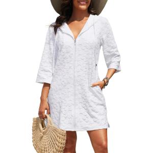 imageYonique Terry Cloth Cover Up  Long Sleeve Cover Swimsuit Hooded Zipper Beach Coverup with PocketsWhite