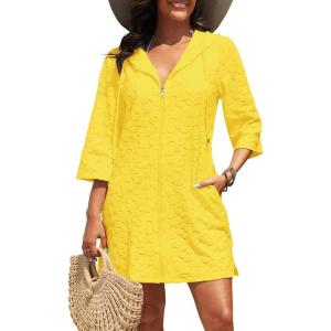 imageYonique Terry Cloth Cover Up  Long Sleeve Cover Swimsuit Hooded Zipper Beach Coverup with PocketsYellow