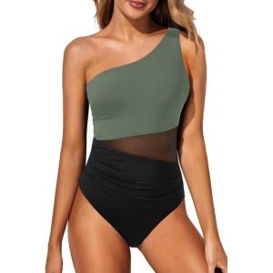 imageYonique Women One Piece One Shoulder Swimsuit Mesh Bathing Suit Tummy Control SwimwearArmy Green and Black