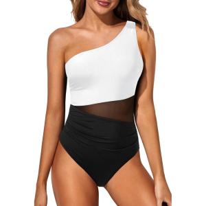 imageYonique Women One Piece One Shoulder Swimsuit Mesh Bathing Suit Tummy Control SwimwearBlack and White