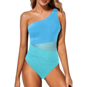 imageYonique Women One Piece One Shoulder Swimsuit Mesh Bathing Suit Tummy Control SwimwearBlue Colorblock