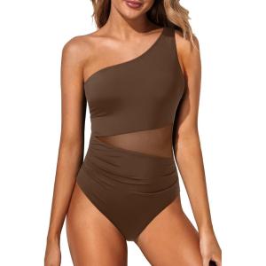 imageYonique Women One Piece One Shoulder Swimsuit Mesh Bathing Suit Tummy Control SwimwearBrown