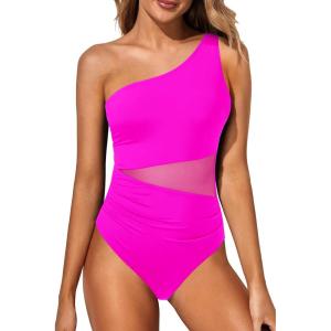 imageYonique Women One Piece One Shoulder Swimsuit Mesh Bathing Suit Tummy Control SwimwearHot Pink