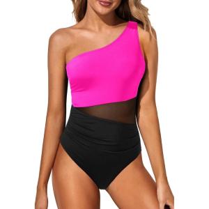 imageYonique Women One Piece One Shoulder Swimsuit Mesh Bathing Suit Tummy Control SwimwearHot Pink and Black