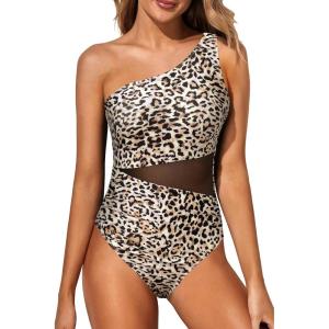 imageYonique Women One Piece One Shoulder Swimsuit Mesh Bathing Suit Tummy Control SwimwearLeopard