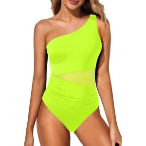 imageYonique Women One Piece One Shoulder Swimsuit Mesh Bathing Suit Tummy Control SwimwearNeon Green