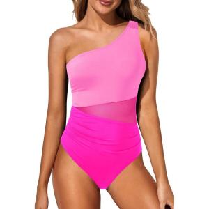 imageYonique Women One Piece One Shoulder Swimsuit Mesh Bathing Suit Tummy Control SwimwearPink