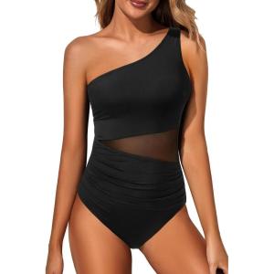 imageYonique Women One Piece One Shoulder Swimsuit Mesh Bathing Suit Tummy Control SwimwearSolid Black