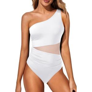 imageYonique Women One Piece One Shoulder Swimsuit Mesh Bathing Suit Tummy Control SwimwearWhite