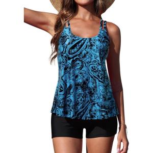 imageYonique Womens Two Piece Swimsuits Tankini Top with Boy Shorts Tummy Control Bathing Suits Athletic SwimwearBlue Paisley