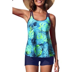 imageYonique Womens Two Piece Swimsuits Tankini Top with Boy Shorts Tummy Control Bathing Suits Athletic SwimwearGreen Leaves