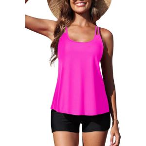 imageYonique Womens Two Piece Swimsuits Tankini Top with Boy Shorts Tummy Control Bathing Suits Athletic SwimwearHot Pink