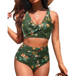 imageHigh Waisted Two Piece SwimsuitWomens Bikini Set Tummy Control Bathing Suit Modest Full Coverage Bikini 2025Green Floral