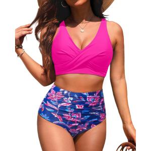 imageHigh Waisted Two Piece SwimsuitWomens Bikini Set Tummy Control Bathing Suit Modest Full Coverage Bikini 2025Pink Paisley
