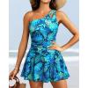 imageOne Piece Tummy Control Swimdress  Women One Shoulder Bathing Suit with Skirt 2025 Modest Skirted Swim Dress SwimsuitBlue Leaves