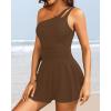 imageOne Piece Tummy Control Swimdress  Women One Shoulder Bathing Suit with Skirt 2025 Modest Skirted Swim Dress SwimsuitBrown