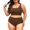 imagePlus Size 2 Piece Swimsuit  Womens High Waisted Bikini Tummy Control Bathing Suit Ribbed 2025 SwimwearBrown