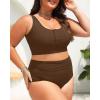 imagePlus Size 2 Piece Swimsuit  Womens High Waisted Bikini Tummy Control Bathing Suit Ribbed 2025 SwimwearBrown