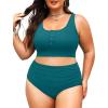 imagePlus Size 2 Piece Swimsuit  Womens High Waisted Bikini Tummy Control Bathing Suit Ribbed 2025 SwimwearDark Teal