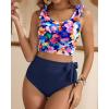 imageTwo Piece High Waisted Swimsuits  Women Tummy Control Bikini Modest Bathing Suit 2PC 2025Colorblock Floral