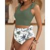 imageTwo Piece High Waisted Swimsuits  Women Tummy Control Bikini Modest Bathing Suit 2PC 2025Green Palm Tree