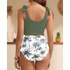 imageTwo Piece High Waisted Swimsuits  Women Tummy Control Bikini Modest Bathing Suit 2PC 2025Green Palm Tree