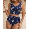 imageTwo Piece High Waisted Swimsuits  Women Tummy Control Bikini Modest Bathing Suit 2PC 2025Navy Blue and Flower
