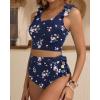 imageTwo Piece High Waisted Swimsuits  Women Tummy Control Bikini Modest Bathing Suit 2PC 2025Navy Blue and Flower