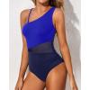 imageYonique Women One Piece One Shoulder Swimsuit Mesh Bathing Suit Tummy Control SwimwearNavy Blue