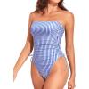 imageYonique Women Strapless One Piece Swimsuit Tummy Control Bandeau Bathing Suit Cheeky SwimwearBlue Striped