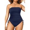 imageYonique Women Strapless One Piece Swimsuit Tummy Control Bandeau Bathing Suit Cheeky SwimwearNavy Blue