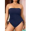 imageYonique Women Strapless One Piece Swimsuit Tummy Control Bandeau Bathing Suit Cheeky SwimwearNavy Blue