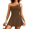 imageOne Piece Tummy Control Swimdress  Women One Shoulder Bathing Suit with Skirt 2025 Modest Skirted Swim Dress SwimsuitBrown
