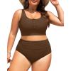 imagePlus Size 2 Piece Swimsuit  Womens High Waisted Bikini Tummy Control Bathing Suit Ribbed 2025 SwimwearBrown