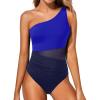 imageYonique Women One Piece One Shoulder Swimsuit Mesh Bathing Suit Tummy Control SwimwearNavy Blue