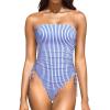 imageYonique Women Strapless One Piece Swimsuit Tummy Control Bandeau Bathing Suit Cheeky SwimwearBlue Striped