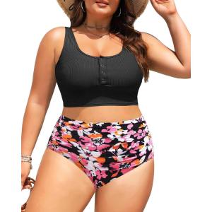 imagePlus Size 2 Piece Swimsuit  Womens High Waisted Bikini Tummy Control Bathing Suit Ribbed 2025 SwimwearBlack and Floral