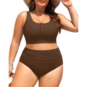 imagePlus Size 2 Piece Swimsuit  Womens High Waisted Bikini Tummy Control Bathing Suit Ribbed 2025 SwimwearBrown