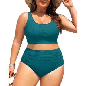 imagePlus Size 2 Piece Swimsuit  Womens High Waisted Bikini Tummy Control Bathing Suit Ribbed 2025 SwimwearDark Teal