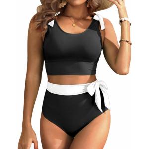 imageTwo Piece High Waisted Swimsuits  Women Tummy Control Bikini Modest Bathing Suit 2PC 2025Black and White