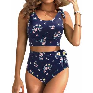 imageTwo Piece High Waisted Swimsuits  Women Tummy Control Bikini Modest Bathing Suit 2PC 2025Navy Blue and Flower