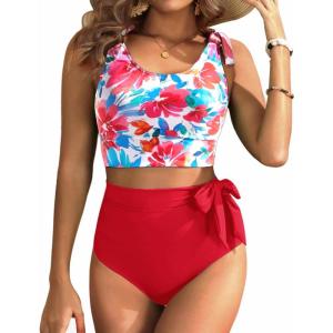 imageTwo Piece High Waisted Swimsuits  Women Tummy Control Bikini Modest Bathing Suit 2PC 2025Pink Blue Floral