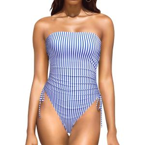 imageYonique Women Strapless One Piece Swimsuit Tummy Control Bandeau Bathing Suit Cheeky SwimwearBlue Striped
