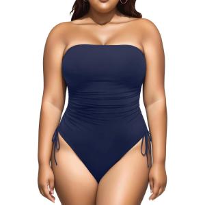 imageYonique Women Strapless One Piece Swimsuit Tummy Control Bandeau Bathing Suit Cheeky SwimwearNavy Blue